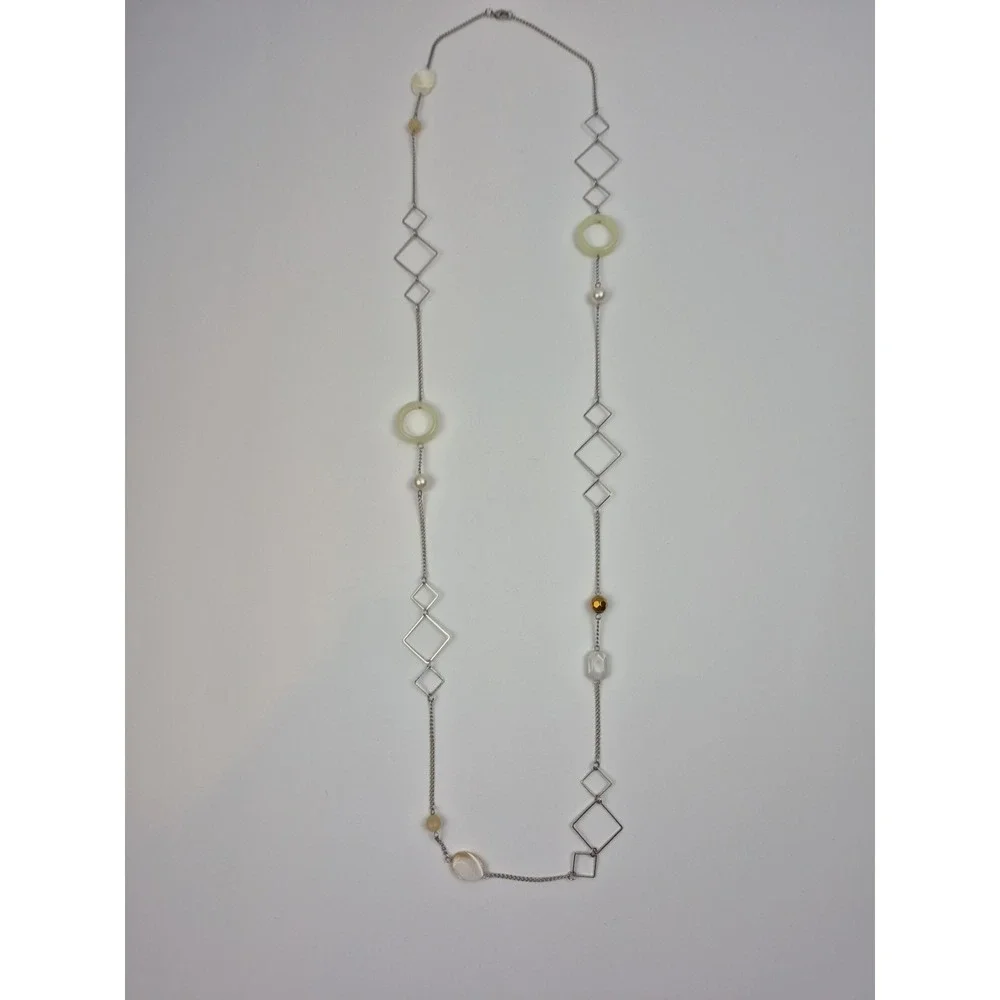 Silver‎ Tone Women Long Necklace Geometric White Beads Jewelry Costume Statement